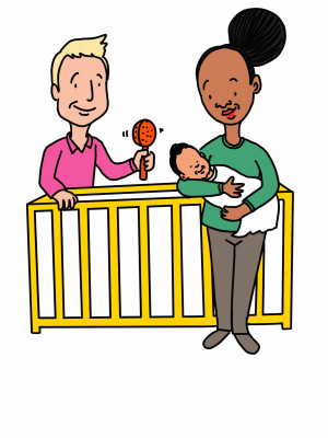 Couple, baby and Cot